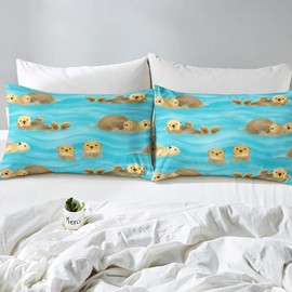 Feelyou Kids Bedding Set Cute Cartoon Otter Bed Sheet Set for Boys Girls Children Kawaii Zoo Animal Fitted Sheet Wildlife Otters Bed Cover Room Decor 2Pcs with 1 Pillow Case Twin Size