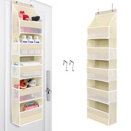 Over-the-door storage pocket with large capacity and clear window.Made of durable non-woven fabric to make better use of your door storage space.Two over the door elastic hooks and a small mesh pocket