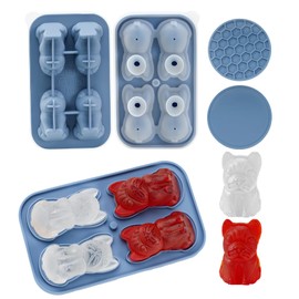 JEOASIS Large 3D French Bulldog Ice Cube Tray with Lid (4 Ice Cubes) and 1 Coaster, for Frenchie Puppy Lovers, Easy Fill & Release Silicon Freezer Mold, 2.8'' Ice Cube for Milk, Cocktail, Candy(Blue)