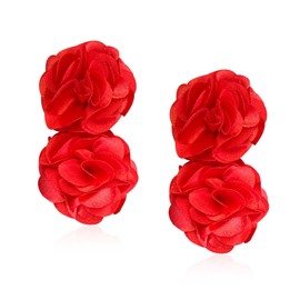 Just Follow Oversized Fabric Flower Earrings for Women Statement Boho Chic Dangle Drop Earrings for Parties Weddings or Everyday Wear (Red)