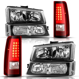 Bingbingmotor BRYGHT 6PCS Fits for 2003-2006 Chevy Silverado Halogen Headlight & LED Tail Light Assembly 03-07 Avalanche 1500 2500 3500 HD NON Body Cladding, Black Housing & Clear Reflector