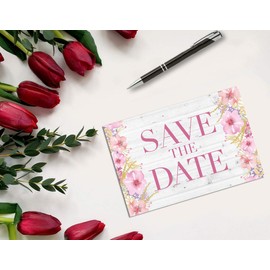Stonehouse Collection Rustic Pink Floral and Barnwood Save The Date Postcards - 40 4" x 6" Postcards - Wedding, Baby Shower, Birthdays, Celebration Announcements (Rustic Floral)