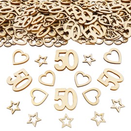 ParPix Pack of 150 Wooden 50th Birthday Decoration Confetti, Wooden Heart Star Confetti Decoration 50th Birthday Decoration, 3 cm Confetti Decoration 50th Birthday Woman Man, Table Decoration 50th