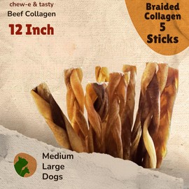 chew-e&tasty Braided Collagen Chews for Dogs (12 Inch, 5 Pack), Odor Free, All Natural Dog Chews, Long Lasting w/Chondroitin & Glucosamine. Bully Sticks and Rawhide Alternative for Medium, Large Dogs
