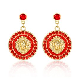 Hip Hop Basketball Wives Lion Head Stud Earrings Women's Sparkly Crystal Enamel Disco Party Cocktail Costume Jewelry (Red-Round)