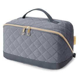 Wandering Nature Large Capacity Travel Makeup Bag | Quilted Cosmetic Organizer | Open Flat Design with Divider & Handle - Color: Grey Green