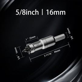 Mollom (5/8''|16mm) Heavy Duty Carbide Hole Saw with 2 Pilot Drill Bits, Hole Cutter cuts Stainless Steel, mild Steel, Iron, Copper, Brass, Plastic