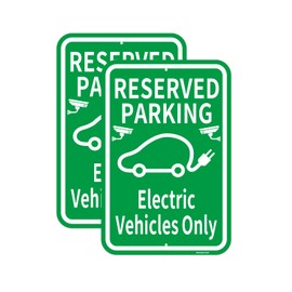2 Pcs Large Reserved Electric Vehicles Only Signs, 12"X18" Green Reserved Parking Sign, Reflective Aluminum Metal 24 Hour Surveillance Signs, Fade Resistant Waterproof Ev Charger Sign Funny for Outdoor Street Parking Yard