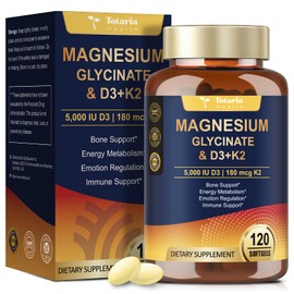 9-in-1 Magnesium Glycinate 500mg + Vitamin D3 5000 IU & K2 Complex - High Absorption - Healthy Stress, Sleep, Muscle Function, Bone Health & Energy Supports | Non-GMO, Gluten-Free 120 Softgels