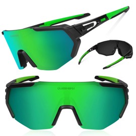 Queshark Polarised Cycling Glasses with UV Protection, 3 Interchangeable Lenses for Men / Women, for Outdoor Activities such as Cycling, Running Climbing, Driving, Fishing, Golf, Green