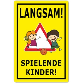Pack of 2 - Achtung Kinder Sign (20 x 30 cm Plastic) - Warning Sign Playing Children - Caution Here Play Children - Please Slow Drive - BerpaHome