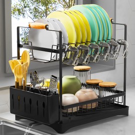 PXYHMUS 2-Tier Kitchen Counter Dish Drying Rack with Drainboard and Cutlery Holder, Black, 16.54" D x 11.81" W x 17.71" H