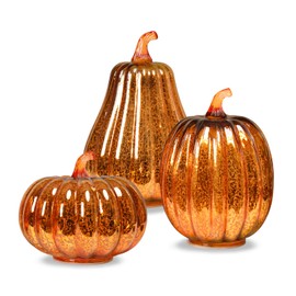3 Pcs Glass Pumpkin Lights with Timer Fall Decor Pumpkins Decoration LED Lighted Collectible Thanksgiving Autumn Harvest Fall Decorations for Home Tables Centerpieces Decorative Small Figurines Orange
