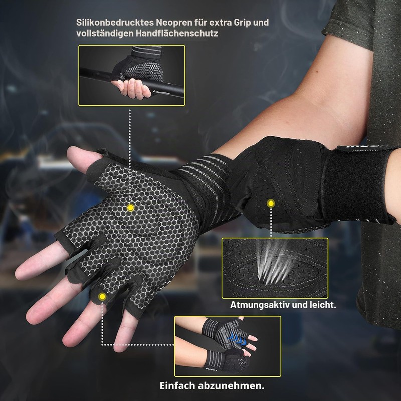 ihuan Ventilated Fitness Gloves with Wrist Strap Support for Men