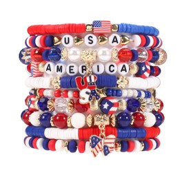 Twinfree 4th of July Bracelets USA Clay Bead Bracelet American Flag Bracelets Patriotic Beaded Stackable Butterfly Pendant Bracelet Summer Beach Heishi Surfer Bracelet Set Independence Day Gifts