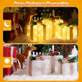 Quntis Set of 3 LED Gift Box Christmas, Christmas Decoration, Indoor Power Operated, 60 Warm White LEDs, Illuminated Box for Christmas Tree, Windowsill, Room, Garden, Champagne Colour
