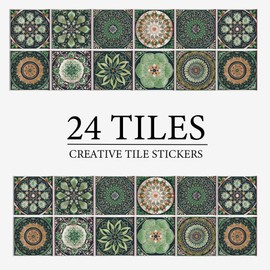 24Pcs Tile Stickers 8x8 Inch Mandala Style Tile Stickers, Peel and StickTile Decals Detachable Self-Adhesive Square Wall Decals, Tile Wallpaper for Kitchen Bathroom Backsplash Wall Furniture (8x8in)