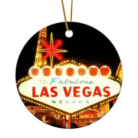 Skyline Las Vegas City Landscape Christmas Ornaments Twilights Skyline Picture Panorama Round Christmas Tree Ornament Ceramic Porcelain Custom Christmas Bauble for Holiday Christmas Tree Decorations