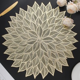 Juego de 6 manteles redondos con hojas y flores talladas, de vinilo prensado, decoración para mesa de comedor, fiestas, bodas, cenas, centro de mesa (oro)