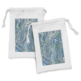 Ambesonne Blue Fabric Pouch Set of 2, Underwater Wildlife Inspiration Ornamental Abstract Composition, Small Drawstring Bag for Toiletries Masks and Favors, 9" x 6", Turquoise Blue Lavender