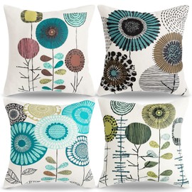 RYBornament Set of 4 Cushion Covers, 45 x 45 cm, Floral Cushion Cover, Summer Decorative Cushion, Sofa Cushion, Blue Abstract Cushion Cover, Vintage, Farmhouse, Linen Cushion Cover for Sofa, Living