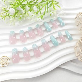 Press on Nails Coffin Medium Length Fake Nails Press ons Green French Tip Acrylic Nails White Silver Lines Glue on Nails Light Pink Full Cover Stick on Nails Artificial False Nails for Girls 24Pcs