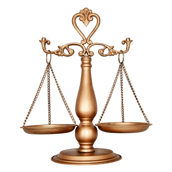 Owlgift Vintage Metal Lawyer Scale of Justice Libra, Decorative Jewelry Storage, Tray Cosmetic Organizer, Farmhouse Candleholder Display, Home Décor Centerpiece Stand – Golden, 15“ W x 17” H