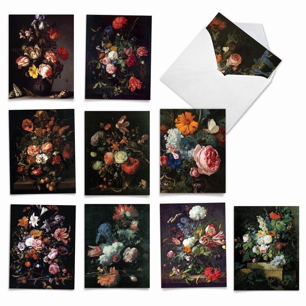 10 Assorted Flower Note Cards with Envelopes - 'Baroque Blooms' Blank Greeting Cards - Elegant All Occasion Card for Wedding, Thank you, Baby - Stationery Notecards 4 x 5.12 inch M10020BK