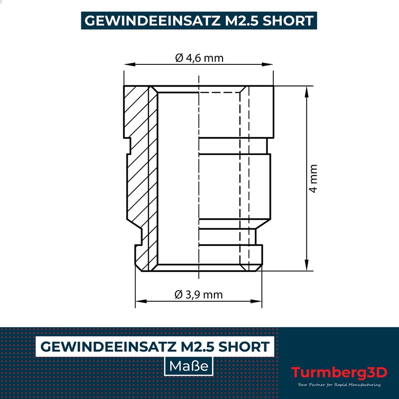 Turmberg3D - Gewindeeinsatz M2.5 (50 Stück) / M2,5x4 Messing Gewindebuchsen/Einschmelzmutter