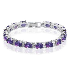 Deyanse Tennis Bracelet for Women, 18K White Gold Plated Bangles with Purple Oval & White Round 5A Cubic Zirconia, Hypoallergenic 7 Inch Birthstone Bracelet, Fashion Women's Bracelets with Gift Box
