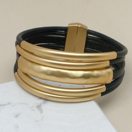 YKKZART Black Leather Btacelets for Women Leather Bangle Chunky Gold Tube Multilayer Leather Cuff Wrap Bangle for Women