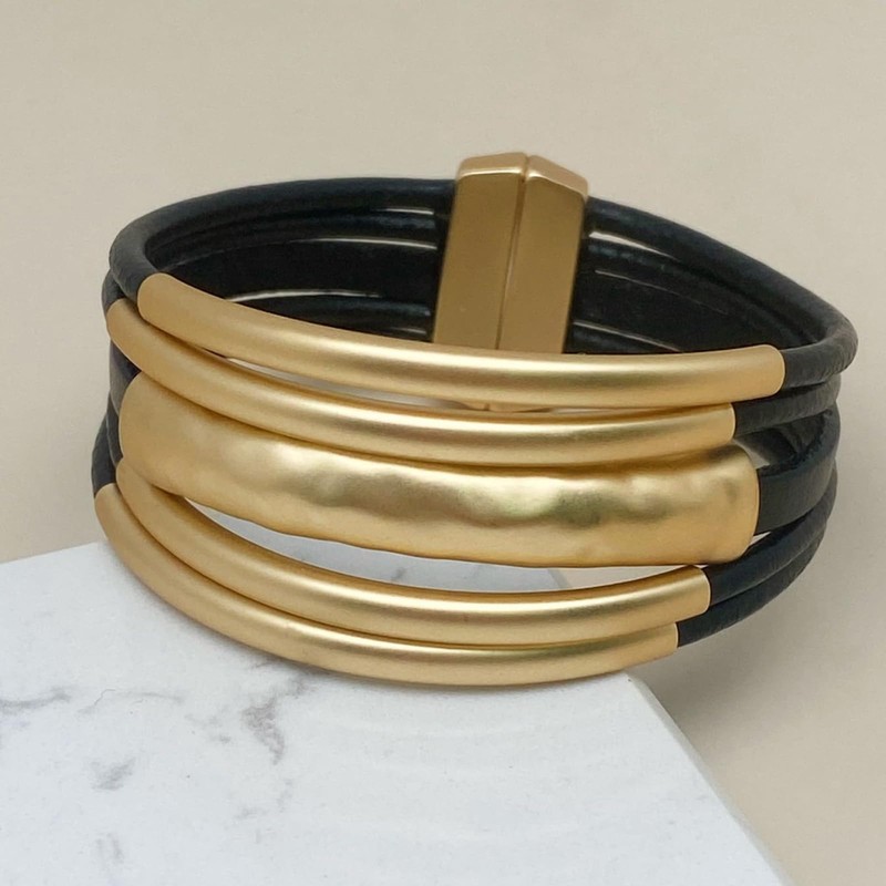 YKKZART Black Leather Btacelets for Women Leather Bangle Chunky Gold