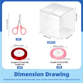 Glarks 33pcs 3 x 3 x 3in Clear Favor Boxes Set Plastic Small Gift Boxes Transparent Cube Treat Boxes with 0.4in x 74ft Ribbons and Scissors for Wedding Baby Shower Birthday Party Favor