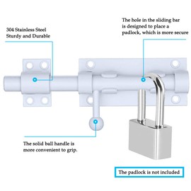 Litensh Door Latch for Sliding Gates, Lockable Door Latch, Bolt Latch, Gate Latch with Hole for Padlock, 304 Stainless Steel Deadbolt Lock, Small Door Lock, 14mm Diameter, White