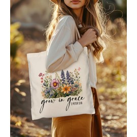 LNGORUS Grow In Grace Tote Bag for Woman, Inspirational Religious Tote Bag, Christian Faith, Bible Verse Tote Bag for Her, Christian Bible Scripture 2 Peter 3:18