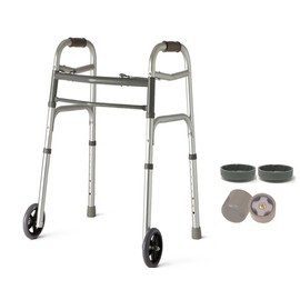 HEALTHLINE Junior Folding Walker Lightweight Deluxe 2 Button with 5-inch Wheels and Additional 2 Pair Free Rear Glides, Front Wheeled Walker for Seniors & Children