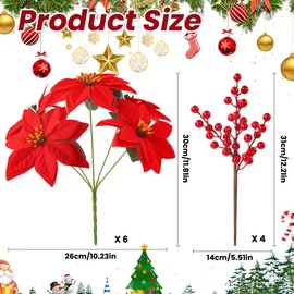 Celltestria 10pcs Poinsettia Artificial Flowers with Berry, Red Velvet Poinsettias for Christmas Tree Wreaths Decor Fake Artificial Flowers for Vase Home Indoor Outdoor Decoration