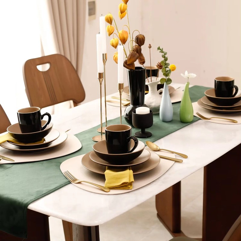 18Pc Darkbeige Elegant Cookware Plates Simple Design Stoneware Ceramic Dishes