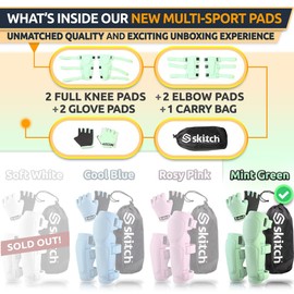 SKITCH Skateboard Protective Safety Gear Set for Kids Teen | Premium Lycra Sport Knee Pads + Elbow Pads + Padded Gloves + Carry Bag | Scooter Roller Skate Inline Skating Rollerblading | Mint Green (M)