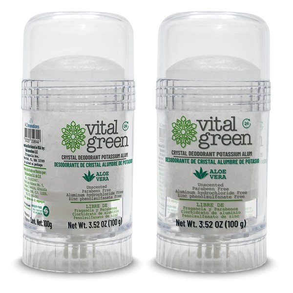 Vital Green Crystal Potassium Alum Deodorant with Aloe Vera – Unscented Mineral Deodorant for Sensitive Skin - 3.53 oz / 100 g (2 Units)