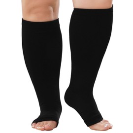 PUTUO Plus Size Compression Socks: Wide Calf Graduated Compression Stockings Men Women Open Toe Extra Large Compression Sock for Support Flight Travel Pregnancy Nurses 20-30 mmHg Black 3XL 1Pairs