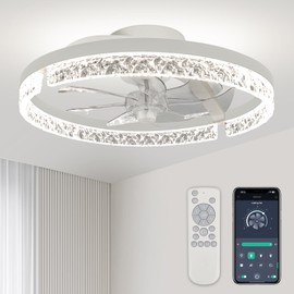 Ceiling Fans with Lights，18" Low Profile Ceiling Fan with APP and Remote Control, 3000-6000K & Brightness Dimmable Fandelier Flush Mount LED Fan Light For bedroom,office Living room- Diamond White