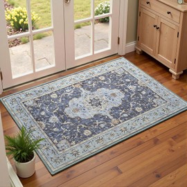 Vasofe Navy Blue 2x3 Small Front Door Mat, Bathroom Rug, Indoor Entrance Rugs Machine Washable Low-Pile Hallway Entry Carpet, Vintage Floral Print Indoor Floor Accent Throw Mats for Bedside Kitchen