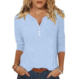 EADINVE Womens 3/4 Sleeve T-Shirts V Neck Buttons Tops Basic Tee Solid Color Blouse Loose Fit Pullover Summer Shirts 2024 Blue