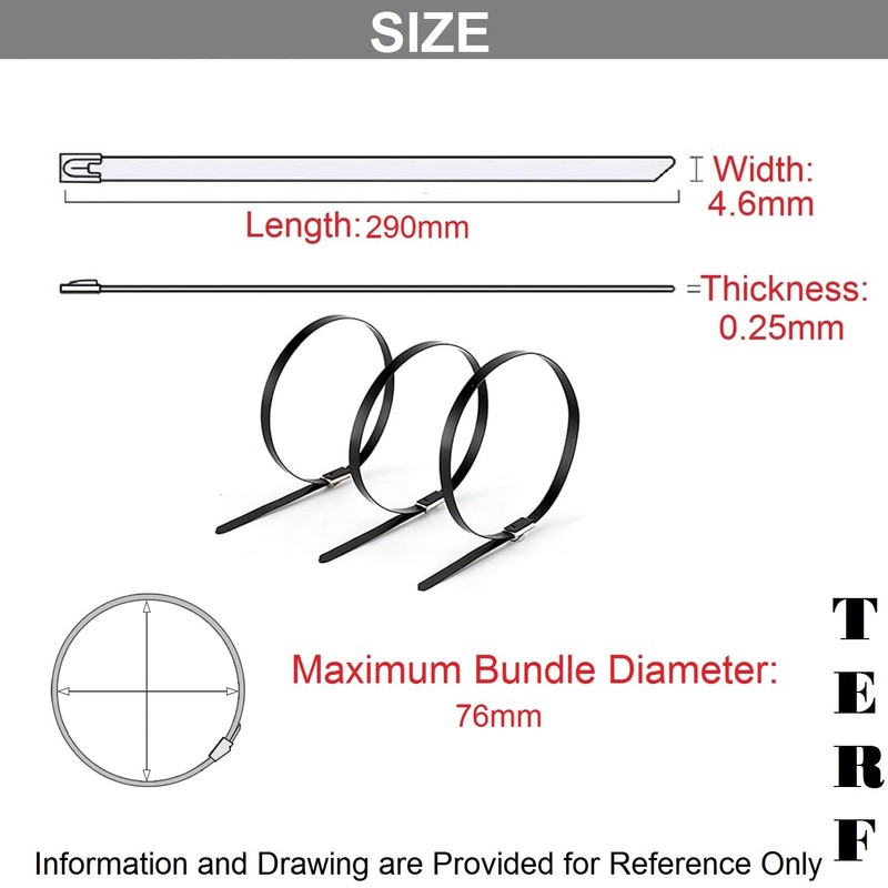TERF® 20 Pcs Black Stainless Steel Cable Ties 290mm (11.42'')