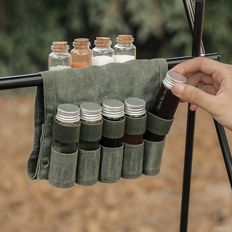 Outdoor Spice Bottle Bag Foldable 9 Pockets Portable Canvas Seasoning