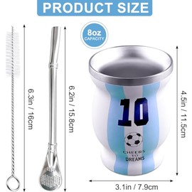 Argentina Captain No.10 Mate Cup Set, 2026 International Soccer Gifts, Double-Wall Stainless Steel Traditional Yerba Mate Cup Set, Spoon Straw & Cleaning Brush