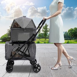 Double Pet Stroller, Foldable Dog Stroller w/2 Carrier Bags & Anti-Lost Leash, 2 Lockable Wheels Cat Stroller Travel Carrier Strolling Cart, Portable Pet Cart for Small Medium Dogs Cats Puppy (Grey)