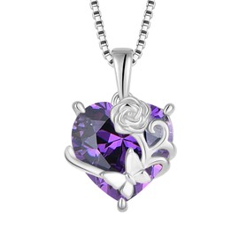 YL Heart Necklace 925 Sterling Silver Pink Butterfly Pendant Chain 12 Birthstone Cubic Zirconia Necklace Jewellery Gifts for Women Mother Girlfriend, Silver, Amethyst