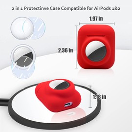 2 in 1 Silicone Protective Skin Cover Compatible with AirPod 1&2 and AirTag, Soft Comprehensive Protective Case with 2 PCS TPU Screen Protector, Anti-Scratch Anti-Fall Anti-Lost(Red)